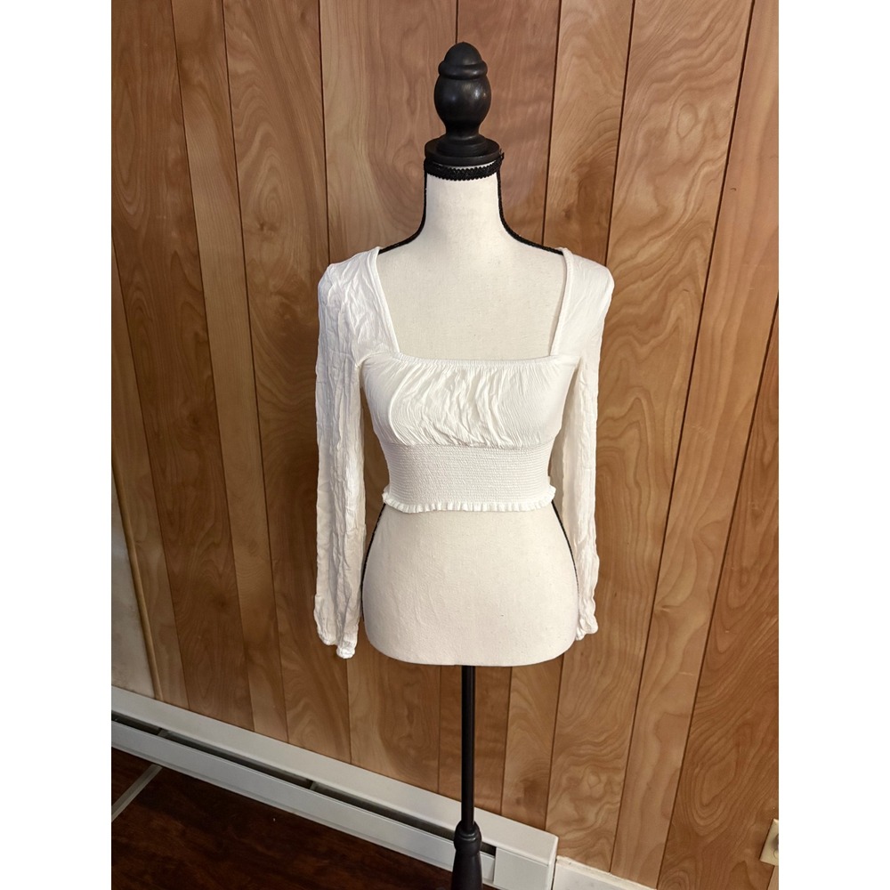 LA Hearts White Smocked Long Sleeve Crop Top Square Neck XS